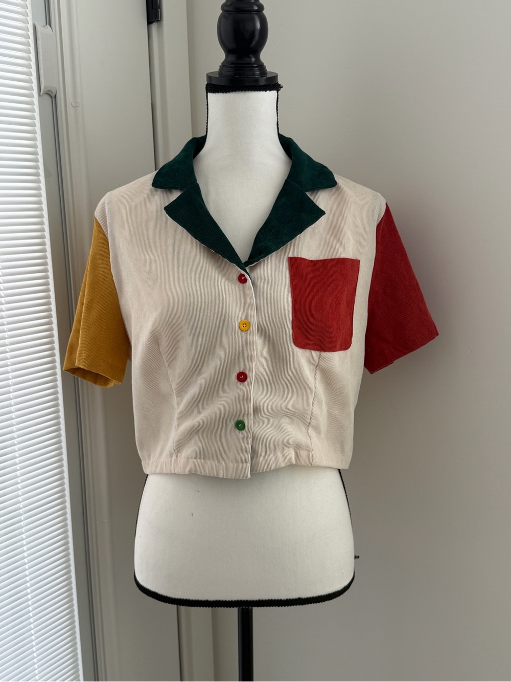 Cider Colorblock Cropped Button-Down Shirt in Cream, Green, Orange, Mustard
